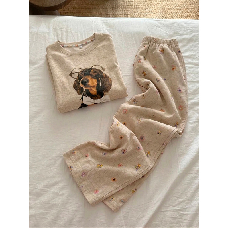 Korean Style ins Dachshund Long-Sleeve Pajamas for Girls, Autumn Long Pants Dopamine Style Loungewear Set That Can Be Worn Outside