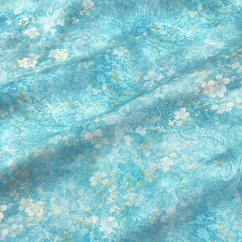 High-Count Mercerized Cotton Satin, Blue and White Floral Digital Print Fabric, New Technology Dress and Cheongsam, Soft and Breathable High-Count Mercerized Cotton Satin, Blue and White Floral Digital Print Fabric, New Technology Dress and Cheongsam, Soft and Breathable