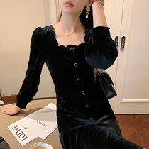 Haze and branches Petal Neckline Velvet Dress Woman Long Sleeve Autumn Winter Mid-Length Style Small Crowdart Little Black Dress