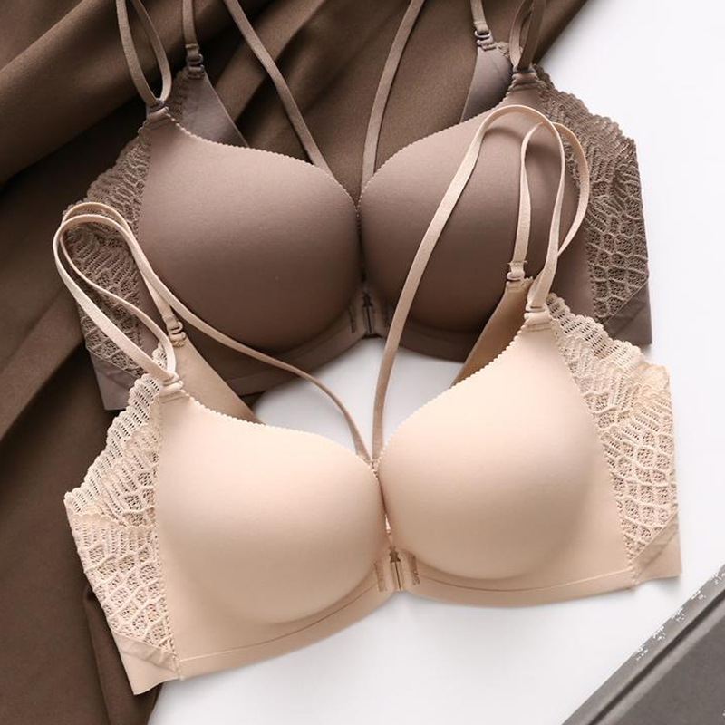 Women's Summer Japanese-Style Bra Set with Front Clasp, Enhancing Small Busts, Thickened, Seamless