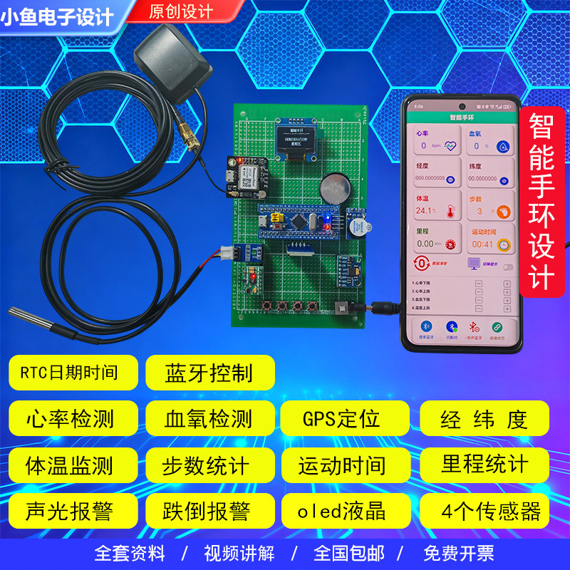 基于STM32单片机智能手环心率血氧体温GPS定位跌倒计步器系统设计