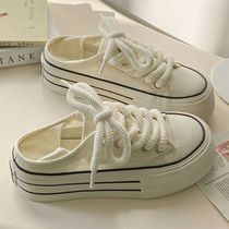 Cream white thick-soled two-wear canvas shoes for women 2024 new summer womens shoes breathable half-drag one-leg white shoes