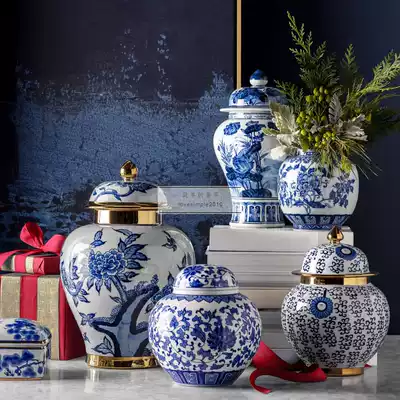 (Simple luxury)Rare Chinese style blue and white porcelain peony hummingbird ceramic general jar decoration