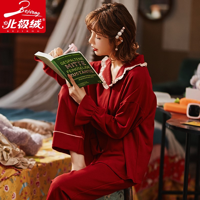 Cardigan pajamas women's spring and Autumn pure cotton long-sleeved princess wind big red autumn and winter doll collar cute home suit set