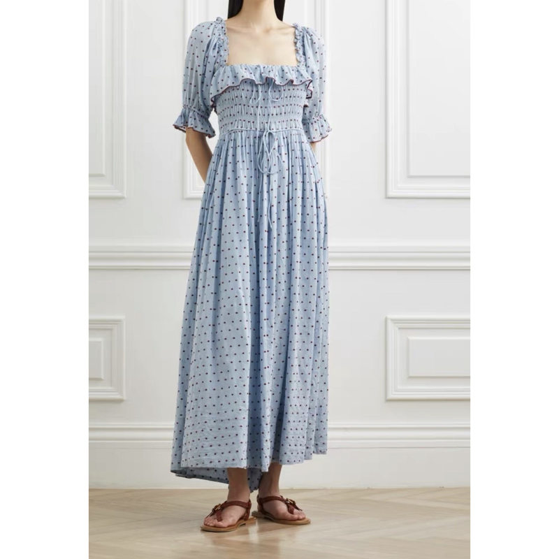 Inhee Yingxi/ Retro Wave Square Neck Short Sleeve Ruffled Pure Cotton Embroidered Flared Dress