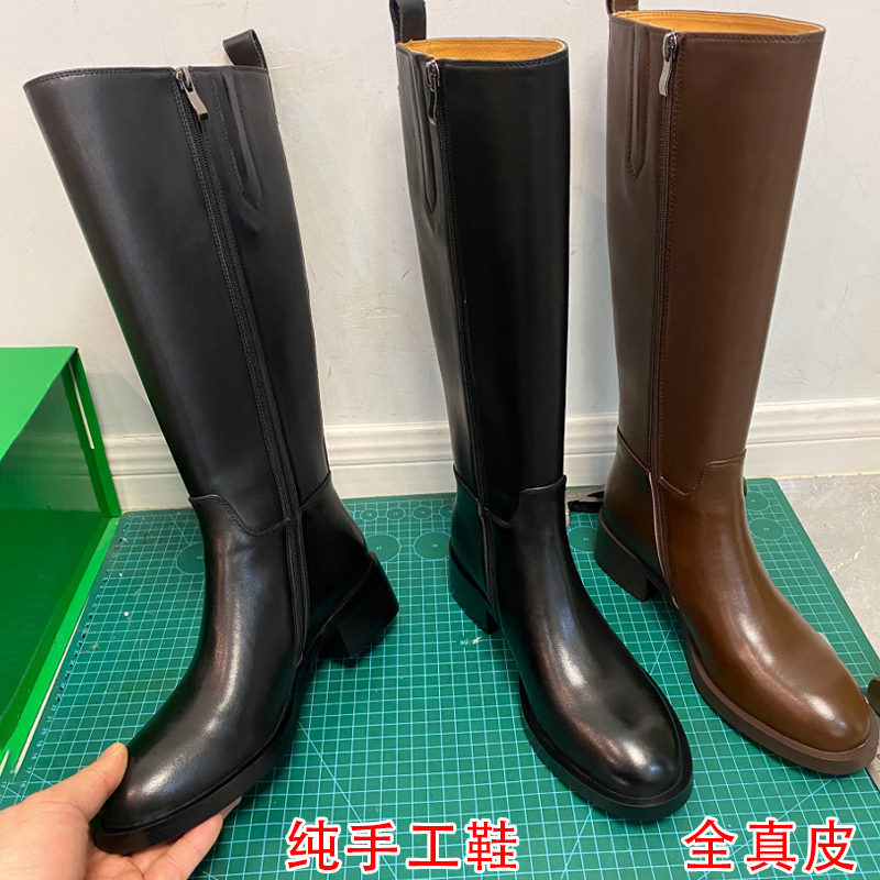 Purely Handmade Vintage Genuine Leather High-Top Riding Boots for Women, Slimming Straight Thick-Soled Long Boots for Petite Women, Knee-High Leather Boots