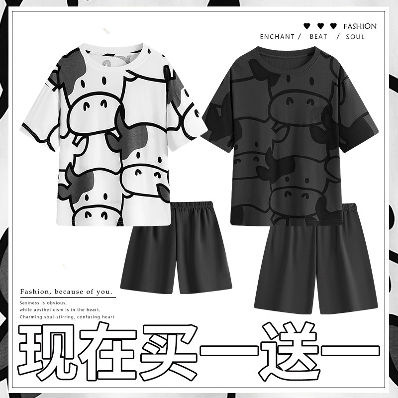 Couple sleepwear Summer 2023 New pure cotton men and women thin short sleeves Summer home Home Clothing Two Suits-Taobao
