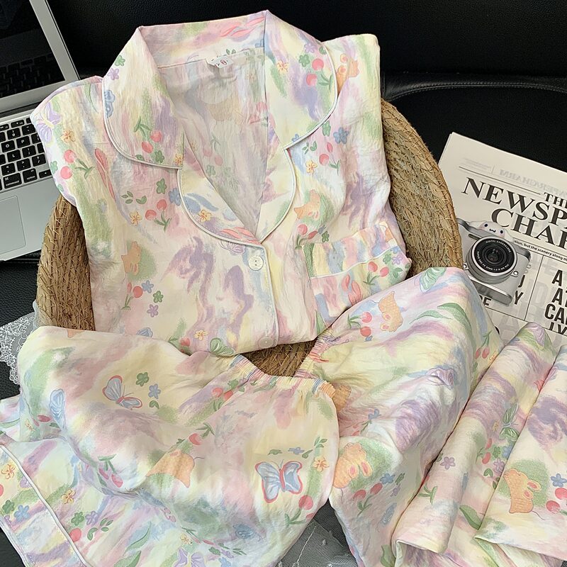 【National Beauty】Summer Chinese-Style Short-Sleeved Three-Piece Set, Cloud-Like Cotton, Colorful Tulip Pajamas, Women's Loungewear Set