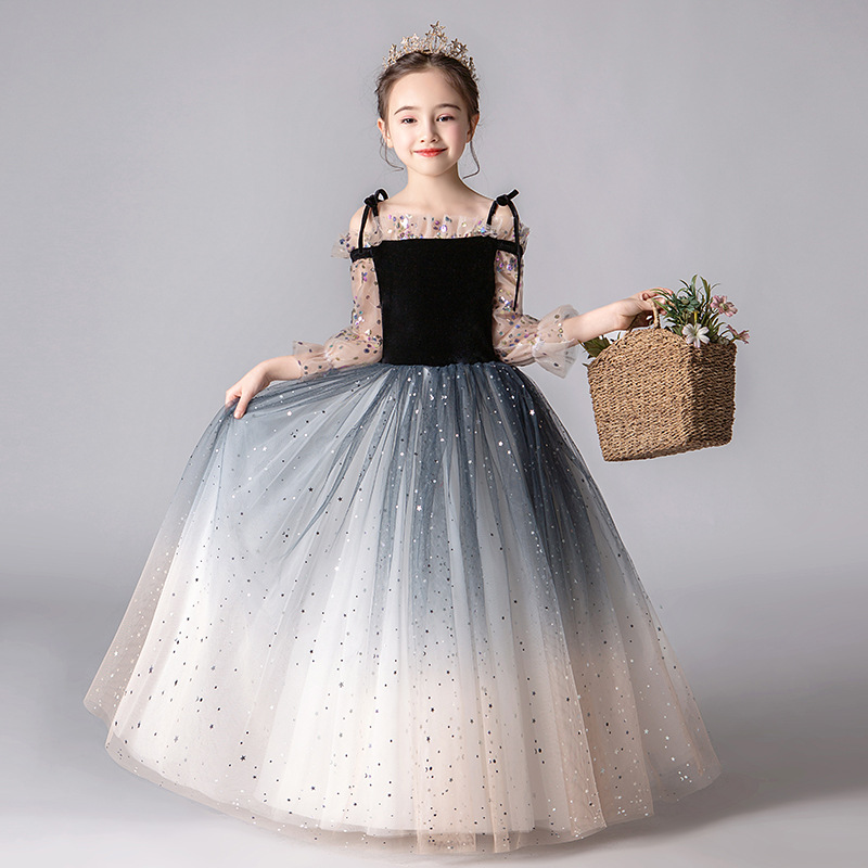 Piano performance dress girls spring children's princess dress fluffy yarn long-sleeved little girl high-end evening dress performance