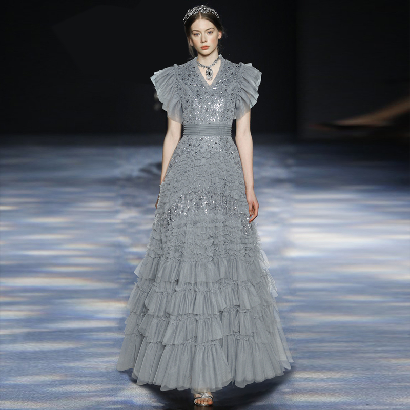 V-Neck Flutter Short-Sleeve Sequin Three-Dimensional Beaded Long Gown Dress, Luxurious Tulle Dress, 2026 Summer New Style