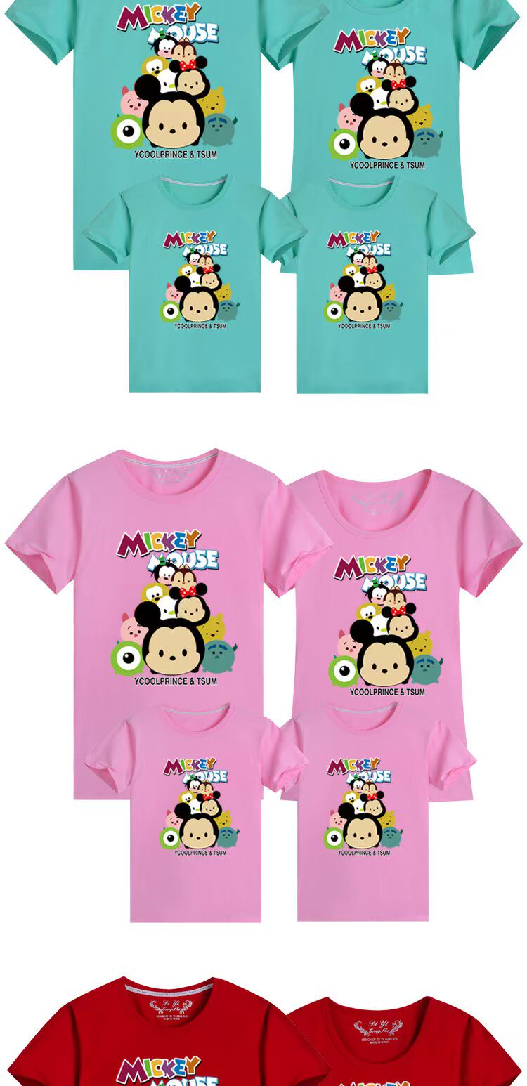 Phiên bản Hàn Quốc của một gia đình ba hoặc bốn gia đình mùa hè váy cotton ngắn tay cha mẹ trẻ em M Mickey áo phông mùa hè quần áo gia đình