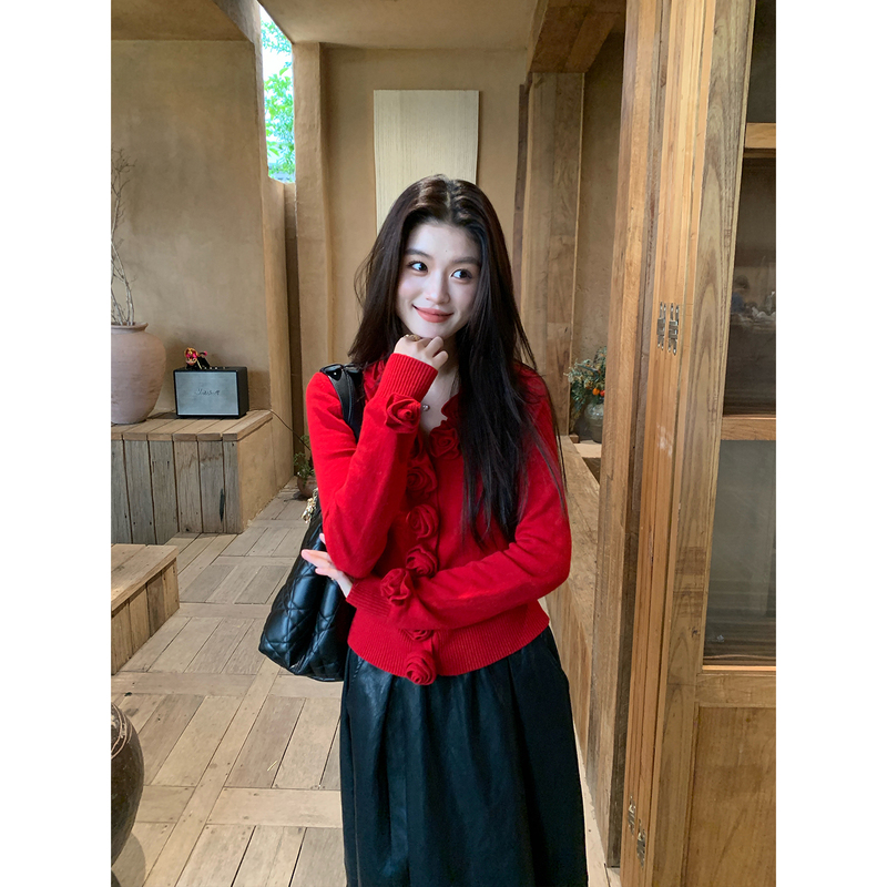 【Crimson Flower Note】Rare Zz100 Wool Light Luxury French Retro Three-Dimensional Ruffle V-Neck Loose Sweater 【Crimson Flower Note】Rare Zz100 Wool Light Luxury French Retro Three-Dimensional Ruffle V-Neck Loose Sweater