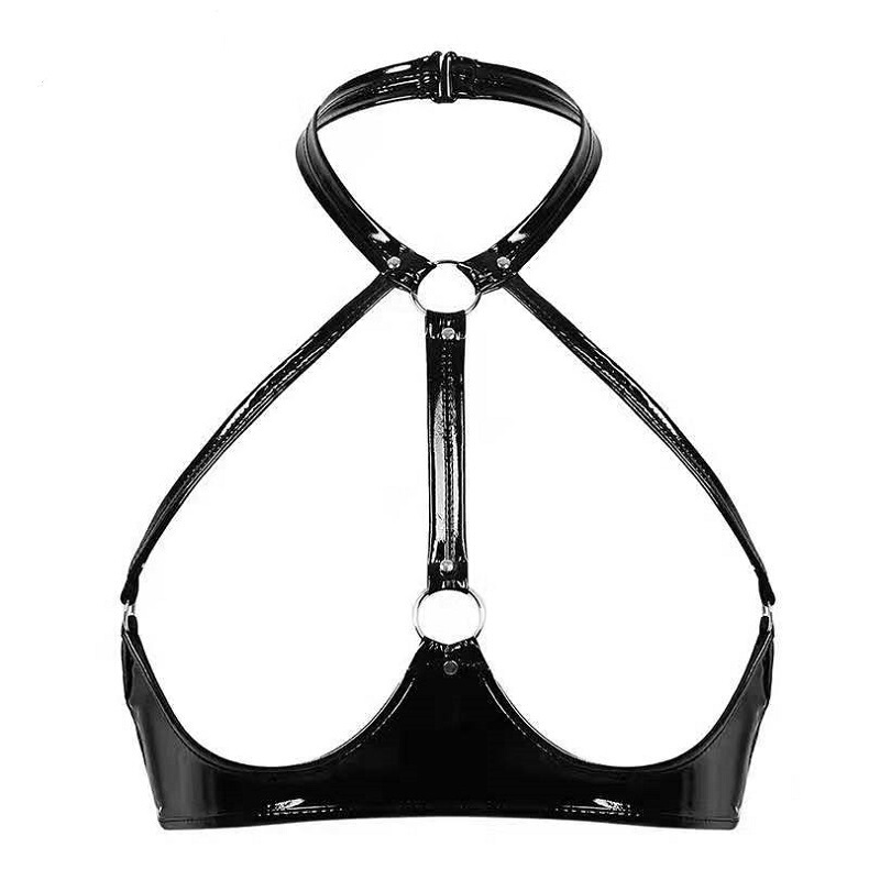 Sexy Hollow-Out Patent Leather Push-Up Bra, European and American Style, Pvc Mirror Shiny Leather, Tempting Halter Neck, Thin Style, Wireless Bra