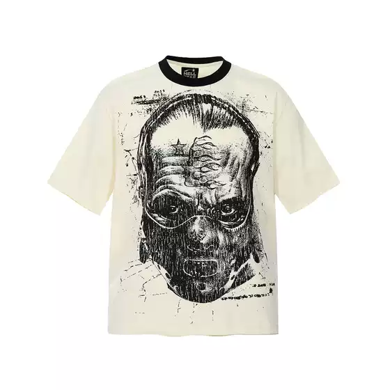 Hellsta Hell Star Mask Man Contrast Print American High Street Vintage Unisex Short Sleeve T-Shirt Trendy Brand