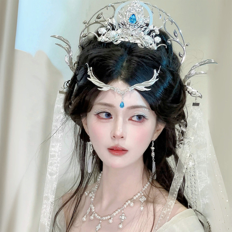 Original Ancient Style Silver Cool Fairy Goddess Headpiece Set with Halo Hair Accessories - [Dragon Girl] by Da Wu Han Feng