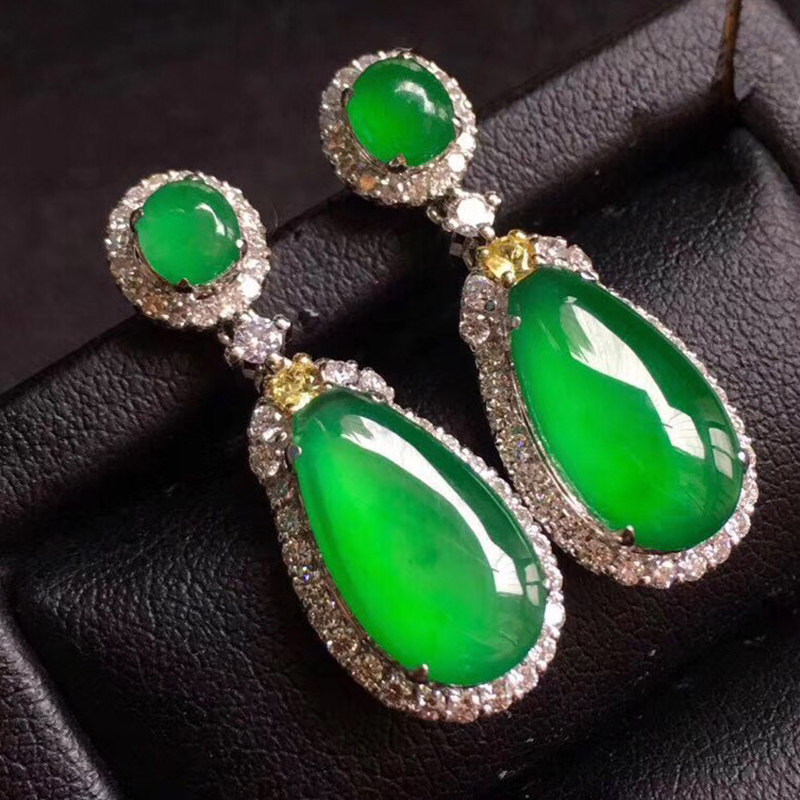 Yuanyuxing natural jade A goods ice through the light old pit glass species fluorescent green two-in-one drop earrings