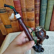  Western antique Tyrol Black Forest long stem silver-plated cover old-fashioned mouth pipe Cherry wood pipe