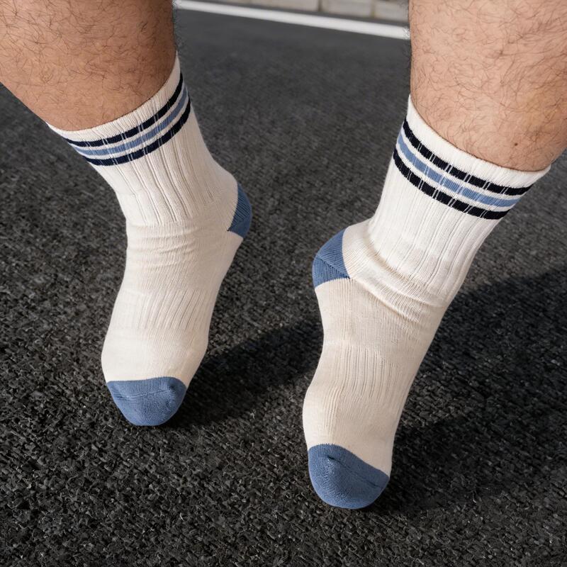Mr. Coolbao Men's Sports Striped Cityboy Mid-Calf Socks with Towel Bottom, Pure Cotton Breathable Long Socks, White Socks
