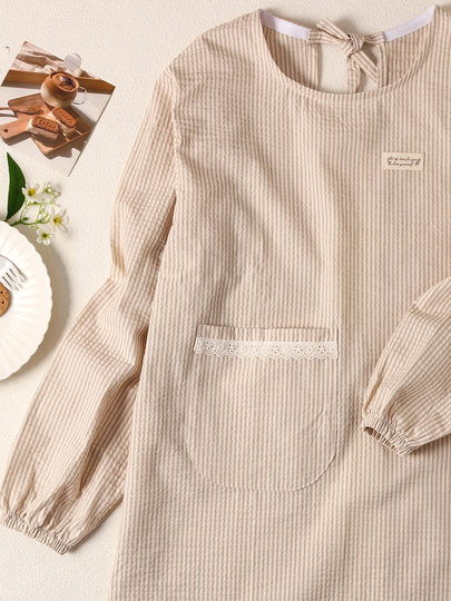 Korean-Style Artistic Fresh Striped Thin Breathable Cotton Apron for Home Kitchen Use, Anti-Stain Housework Long-Sleeve Smock