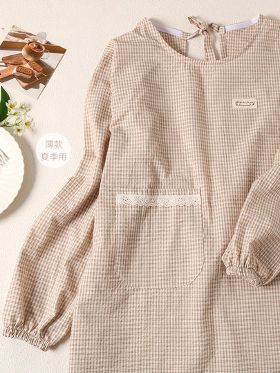 Korean-Style Artistic Fresh Striped Thin Breathable Cotton Apron for Home Kitchen Use, Anti-Stain Housework Long-Sleeve Smock