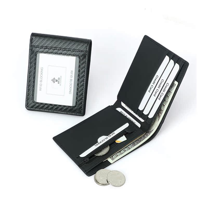 New men's carbon fiber pattern wallet RFID Europe and the United States simple short zipper coin purse multi-card leather wallet wallet