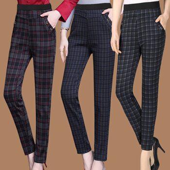 ພາກຮຽນ spring ແລະ summer pants plaid ແອວສູງສໍາລັບແມ່ຍິງອາຍຸກາງແລະຜູ້ສູງອາຍຸ