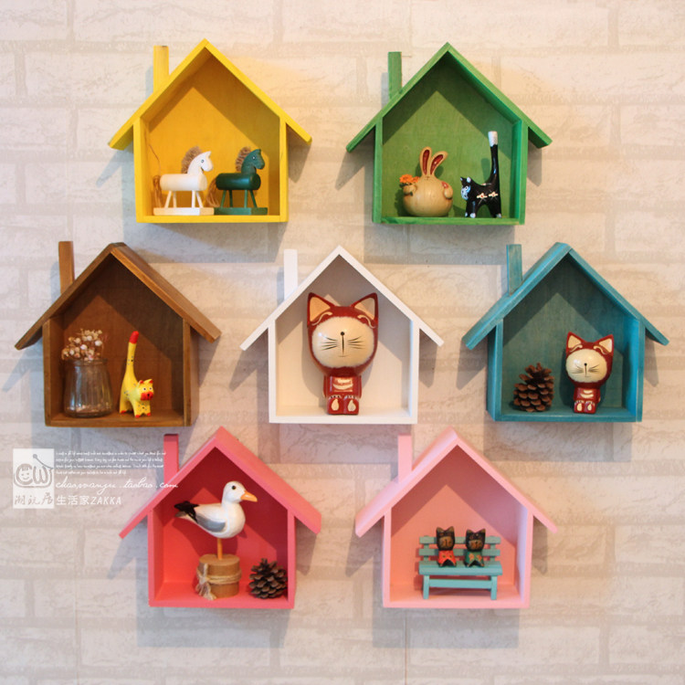 Solid Wood Wall-mounted Wall Decoration Wall-mounted Small House Wooden Bird House Café Clothing Store Living Room Creative Wall Decoration Shelf