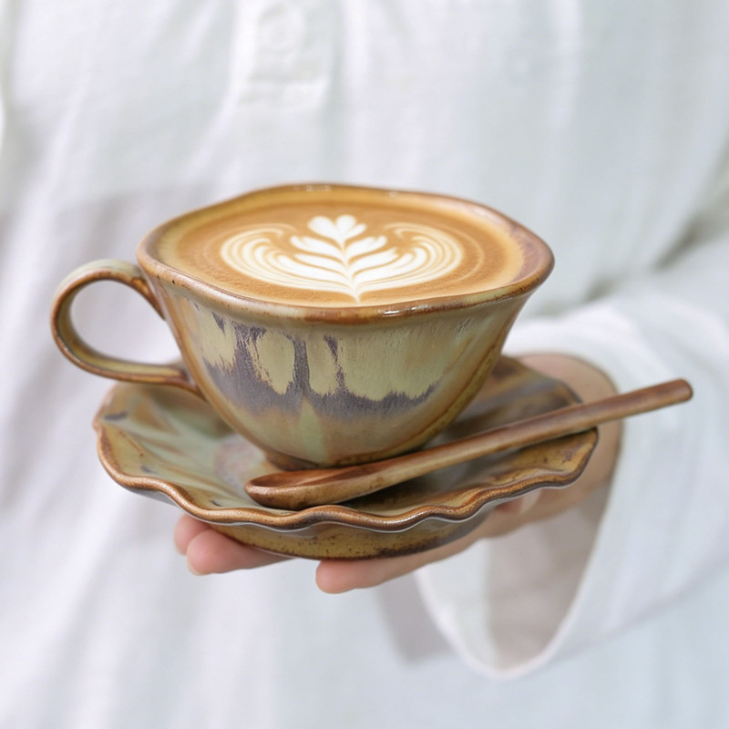 Jingdezhen Wood-Fired Coffee Cup, Handmade Ceramic with Saucer, Afternoon Tea, Home Latte Cup, Mug, Birthday Gift