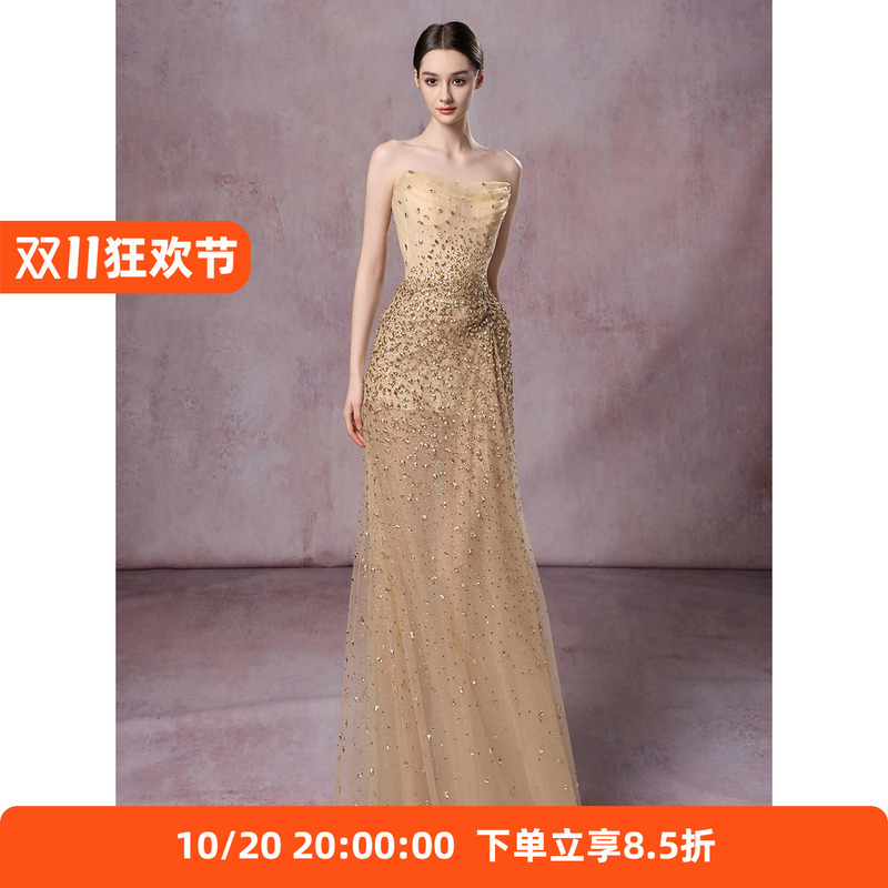 Gold Strapless Heavy-Duty Engagement Dress, Mermaid Sequin Sparkling Toast Dress, Bride's Banquet, Elegant Socialite Hostess