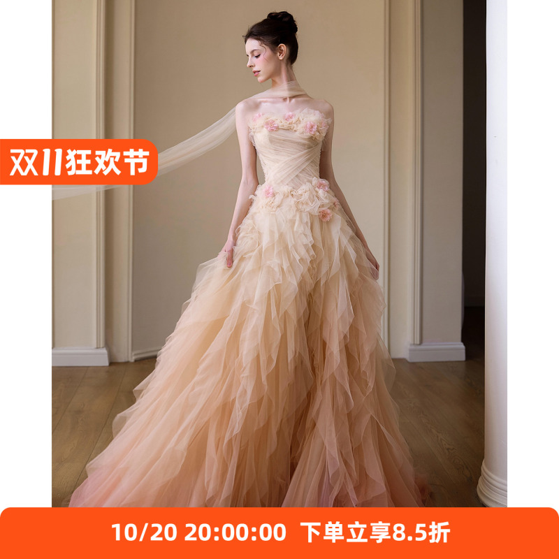 High-End, Stunning, Ethereal Strapless Evening Gown for Women, Luxurious Dressing Gown, Bridal Toast Dress, Light Wedding Dress, Engagement Dress