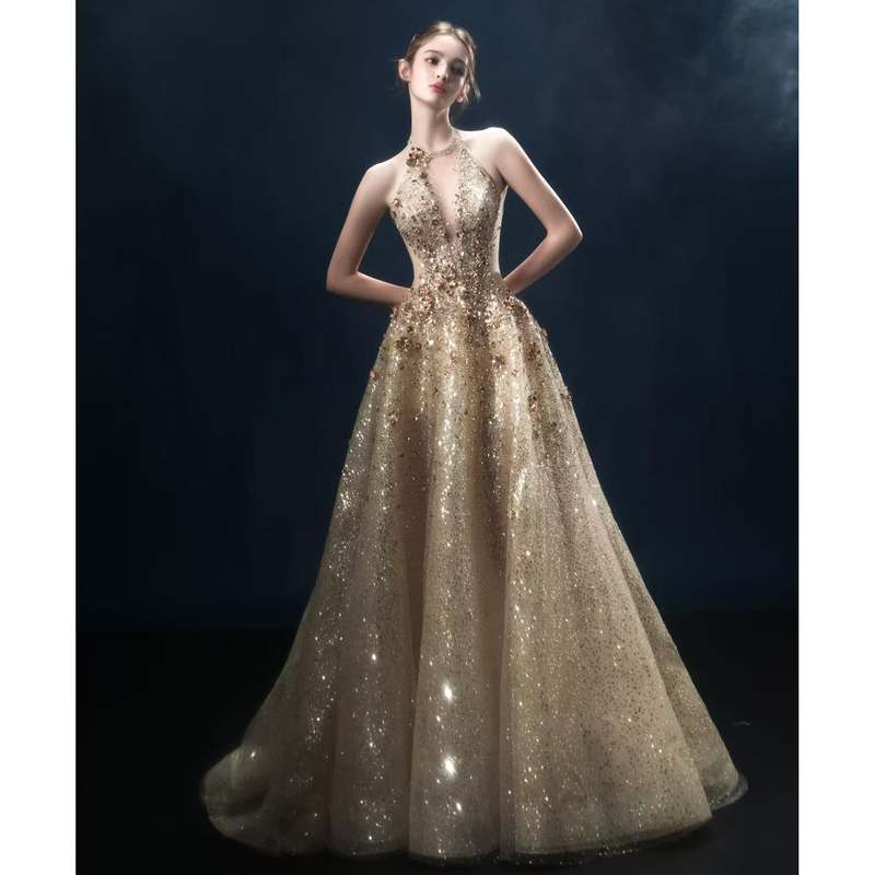 Engagement Dress, High-End Light Luxury, Niche Halter Neck, Gold Bridal Toast Dress, Sophisticated Banquet Party Style, Elegant Socialite