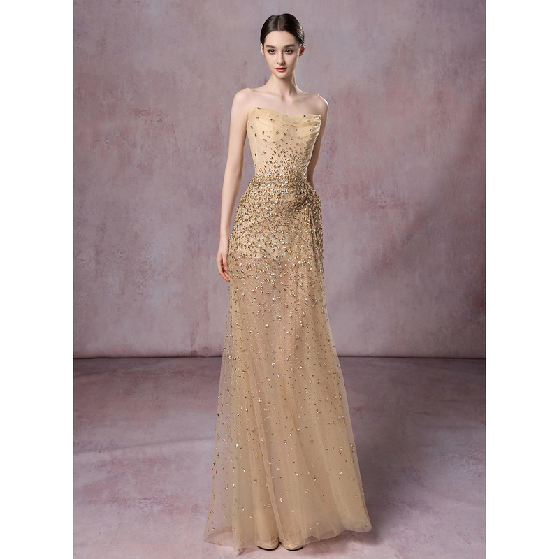 Gold Strapless Heavy-Duty Engagement Dress, Mermaid Sequin Sparkling Toast Dress, Bride's Banquet, Elegant Socialite Hostess Gold Strapless Heavy-Duty Engagement Dress, Mermaid Sequin Sparkling Toast Dress, Bride's Banquet, Elegant Socialite Hostess