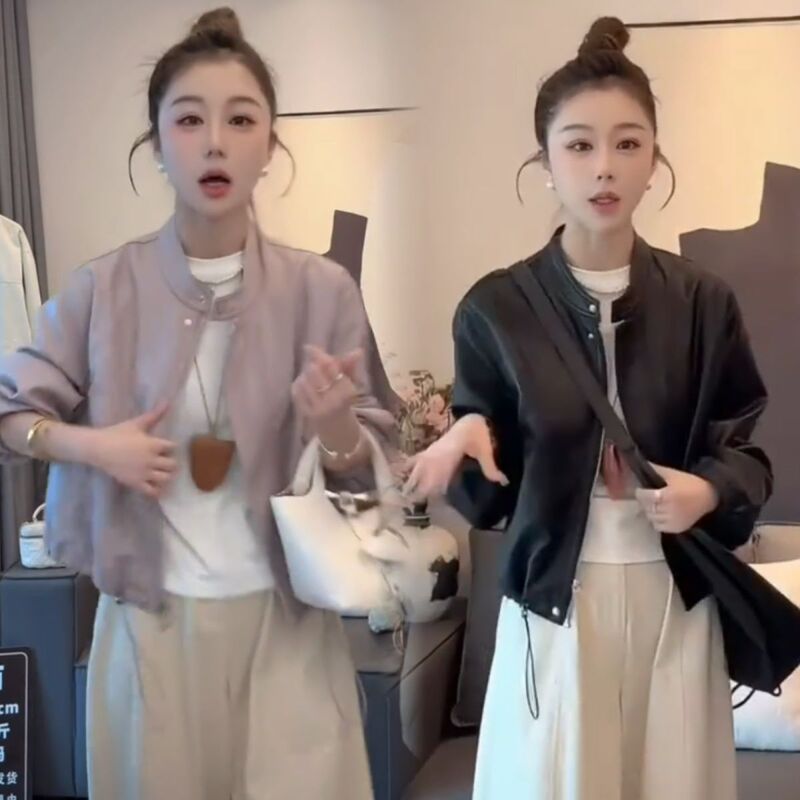 Stunningly Beautiful Taro Purple Stand-Collar Pu Leather Jacket for Women, 2026 Early Spring New Style, Short Jacket for Petite Figures