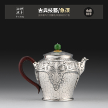 Wonderful hand Songyuan silver pot Japanese pure handmade silver pot sterling silver 9999 Kettle tea set animal grain furnace · emergency beard