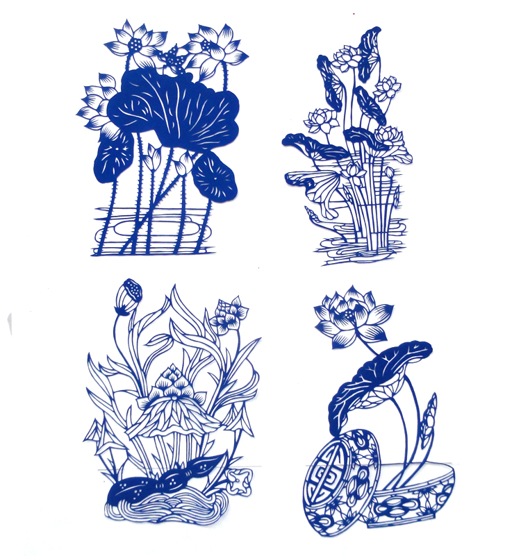 Blue and white porcelain hand-cut paper window flower lotus (lotus rhyme) 28*21CM study room classroom decoration gift