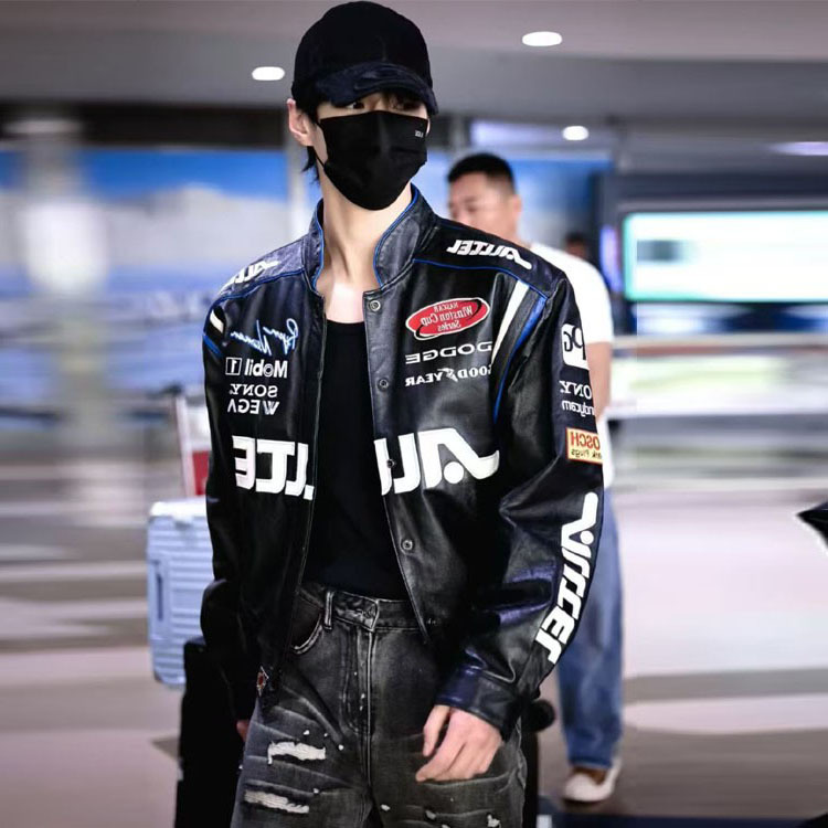 He Yu's Same Style Celebrity American Retro Stand-Up Collar Biker Leather Jacket for Men and Women, Embroidered Short Black Trendy Brand Jacket