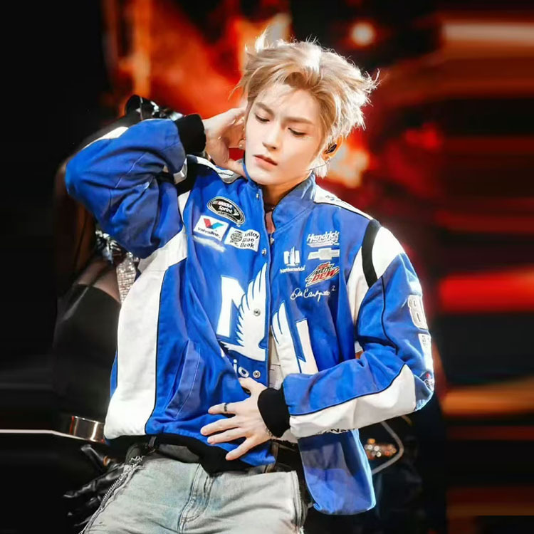 Hou Minghao Style Unisex Blue Stand Collar Biker Jacket Short Color-Blocked Racing Jacket American Style Cycling Jacket Hou Minghao Style Unisex Blue Stand Collar Biker Jacket Short Color-Blocked Racing Jacket American Style Cycling Jacket