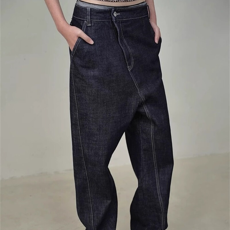 Rare High-Quality Correct Version of Misaligned Crotch Raw Denim Jeans for Women 2025 Spring New Arrivals