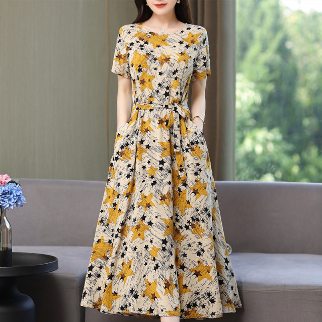 Mom's summer cotton silk dress plus size slim middle-aged and elder women's mid-length floral knee-length cotton silk dress