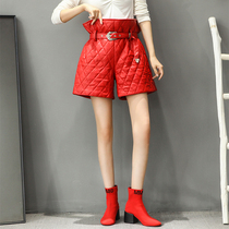 Leather high-waisted wide-leg pants womens waist casual leather boots pants Sheep leather thickened warm rhomboid A- shaped leather shorts
