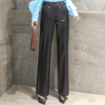 Real leather pants female headskin loose and wide - drop legs tight waist and slim trousers
