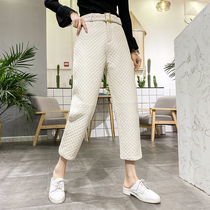 Sheep leather thick warm straight pants leather cotton plaid casual pants belt slim nine-point Haren pants tide