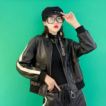 Leather casual loose leather clothing women autumn and winter sheep leather sports style leather jacket round neck pure leather baseball jacket