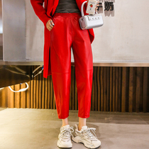 Baona Qiqi autumn and winter new leather leather pants womens wild nine-point pants slim slim sheepskin small feet pencil pants