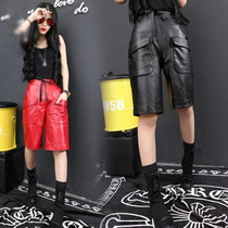 2021 autumn and winter new leather pants womens fashion straight five-point pants lace-up big pocket full leather wild sheepskin pants