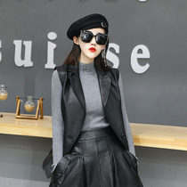 Leather slim vest female sheepskin one button V collar leather waistcoat fashion casual Joker sleeveless vest