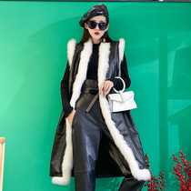 Leather spelling big fox fur collar leather waffle leather shoulder women loose horse clip tide long temperament sleeveless jacket