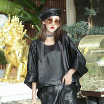 2021 autumn and winter leather leather womens loose short Sweatshirt sheep leather round neck bat sleeve fashion lace top