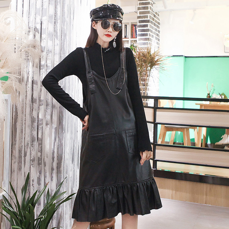 Genuine Leather Dress Woman Sheep Leather Temperamental Lotus Leaf Side Holding Baby Bag Skirt Autumn Winter New slim fit long dress Chaos