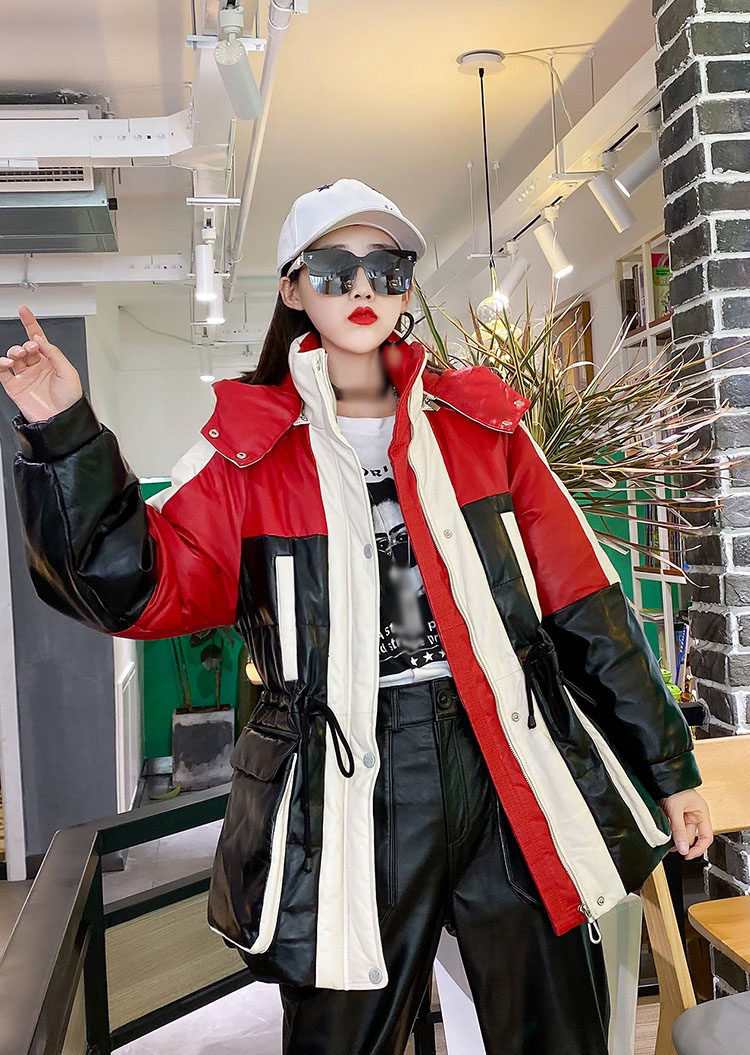 Winter sheepskin personality contrast color down jacket women's leather loose hooded jacket warm thickened white duck down jacket